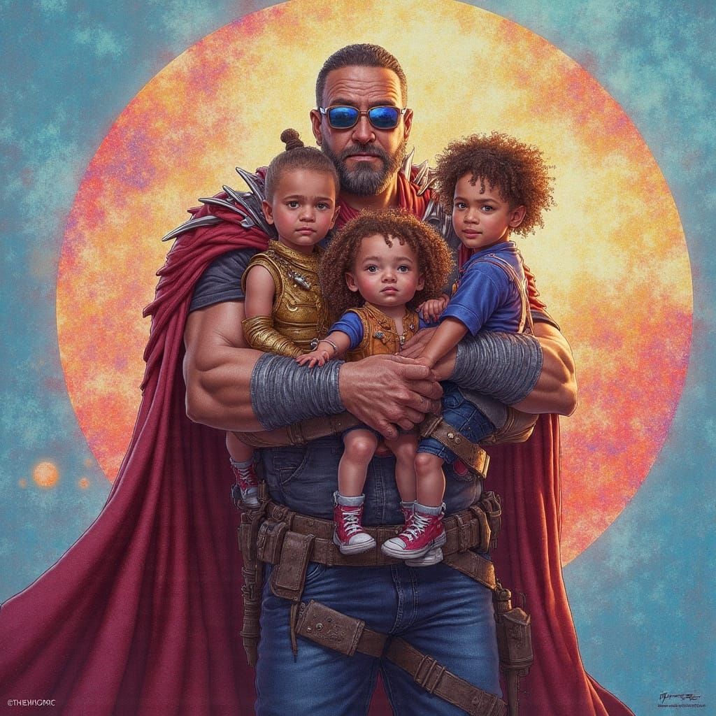 Whimsical Super Dad Portrait in Oil Painting Style