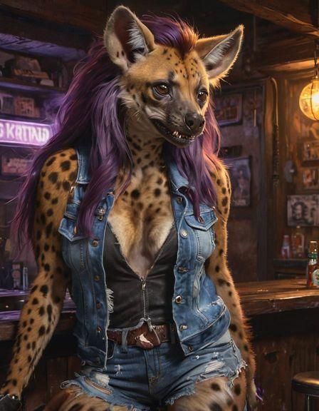 Furry She-Hyena at Dive Bar in Photorealistic Style