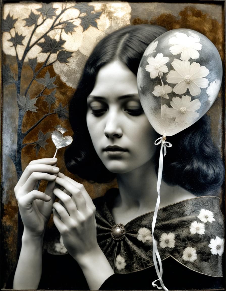 Surreal Bone-Fingers Bursting Heart Balloon in Grisaille