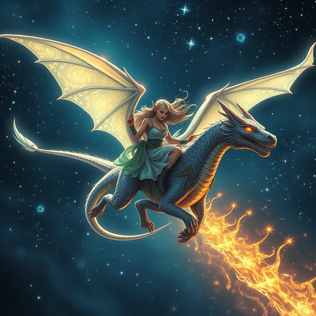 Ethereal Dragon Rider in Starry Night Sky