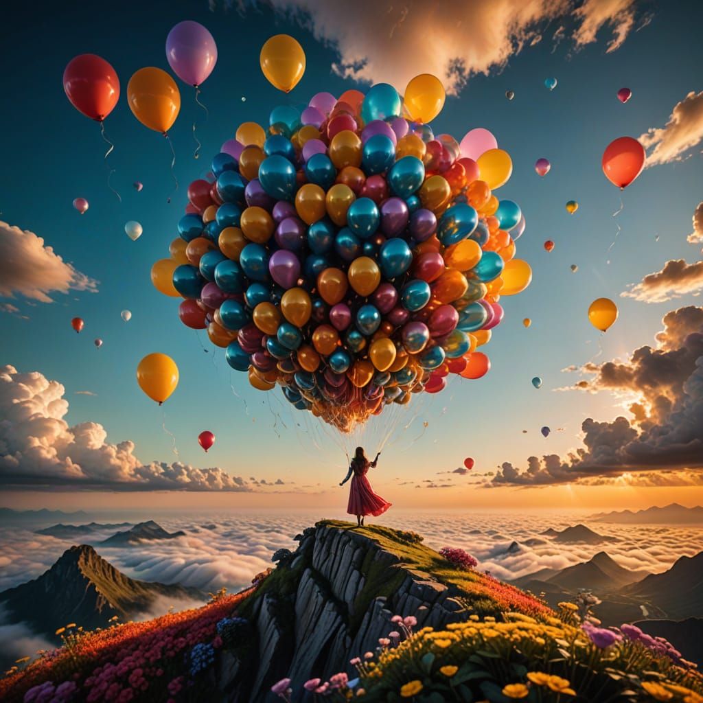 Floating Island Garden with Luminous Balloons