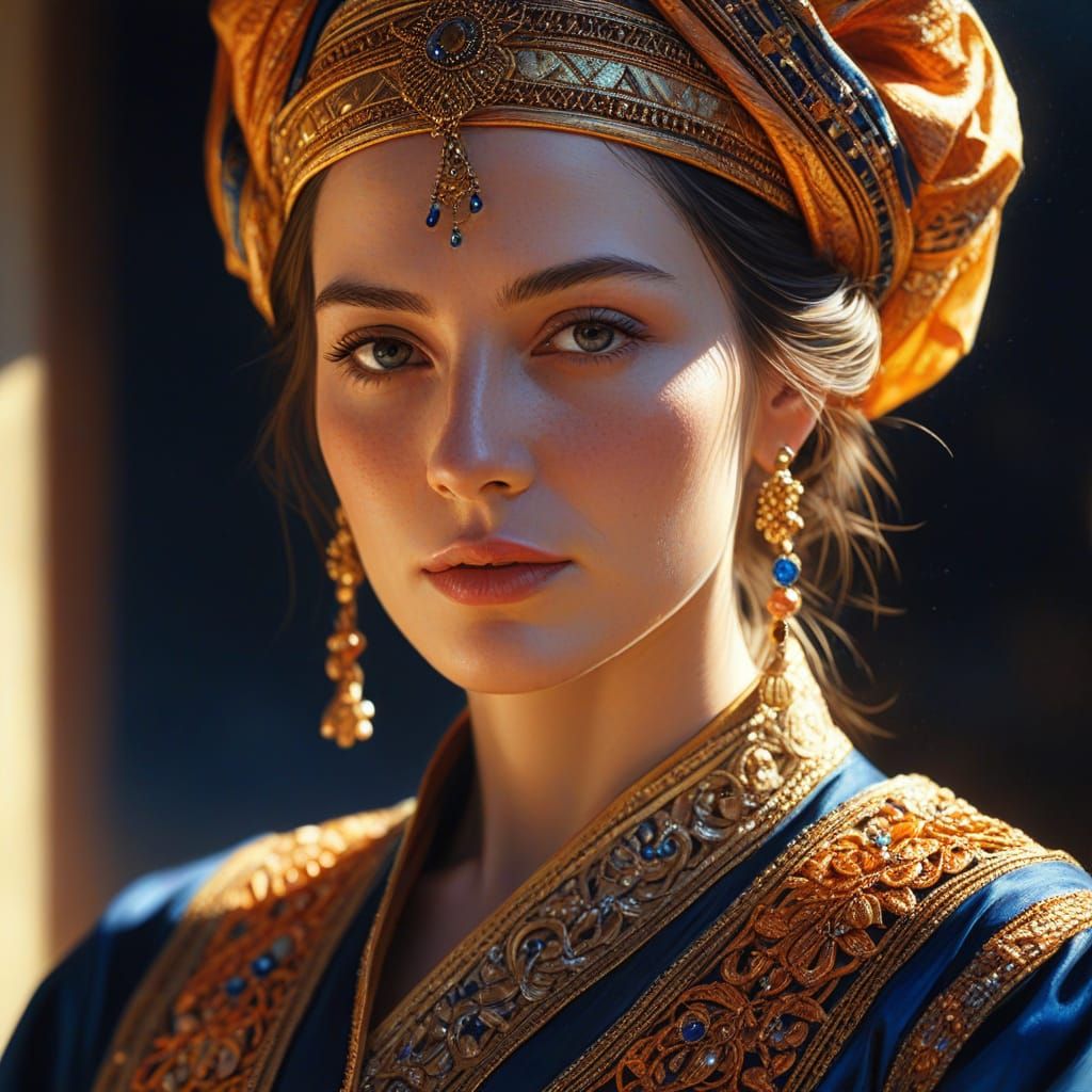 Woman in Ornate Clothing: Hyper-Realistic Oil Painting