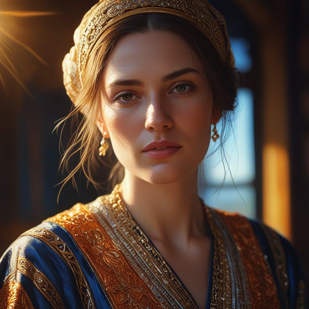 Hyper-Realistic Oil Painting of Woman in Golden Light