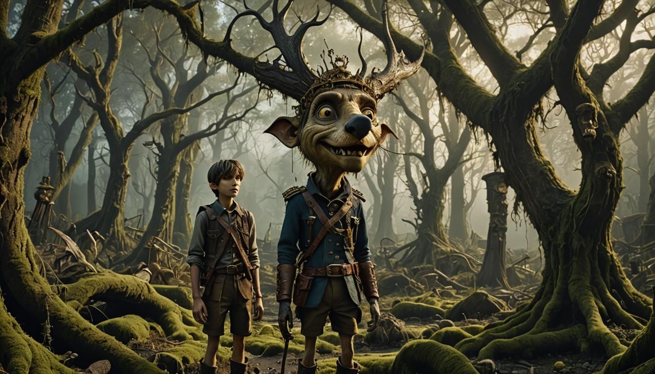 Surreal Pinocchio in Cryptid Darkwoods, Hyper-Realistic Art