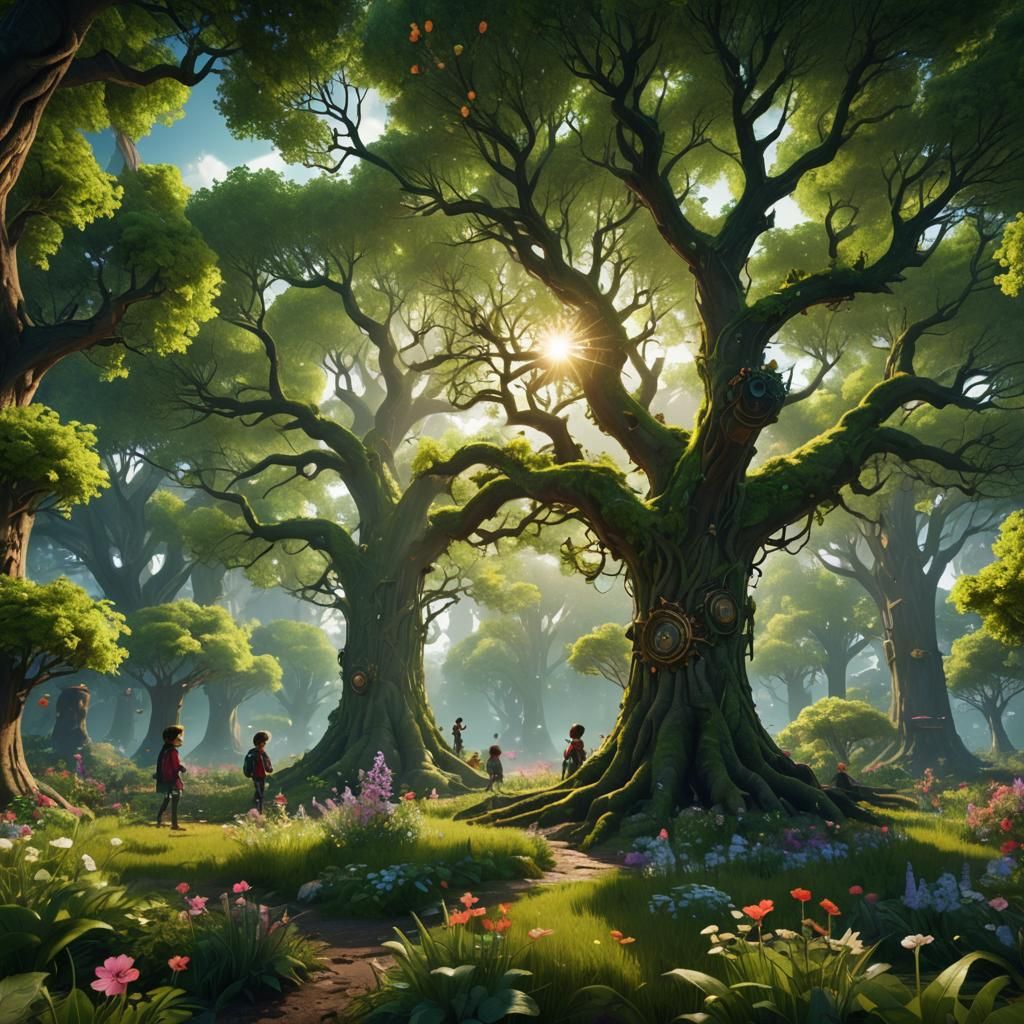 Lush Scene of Children Playing Under Sunny Trees