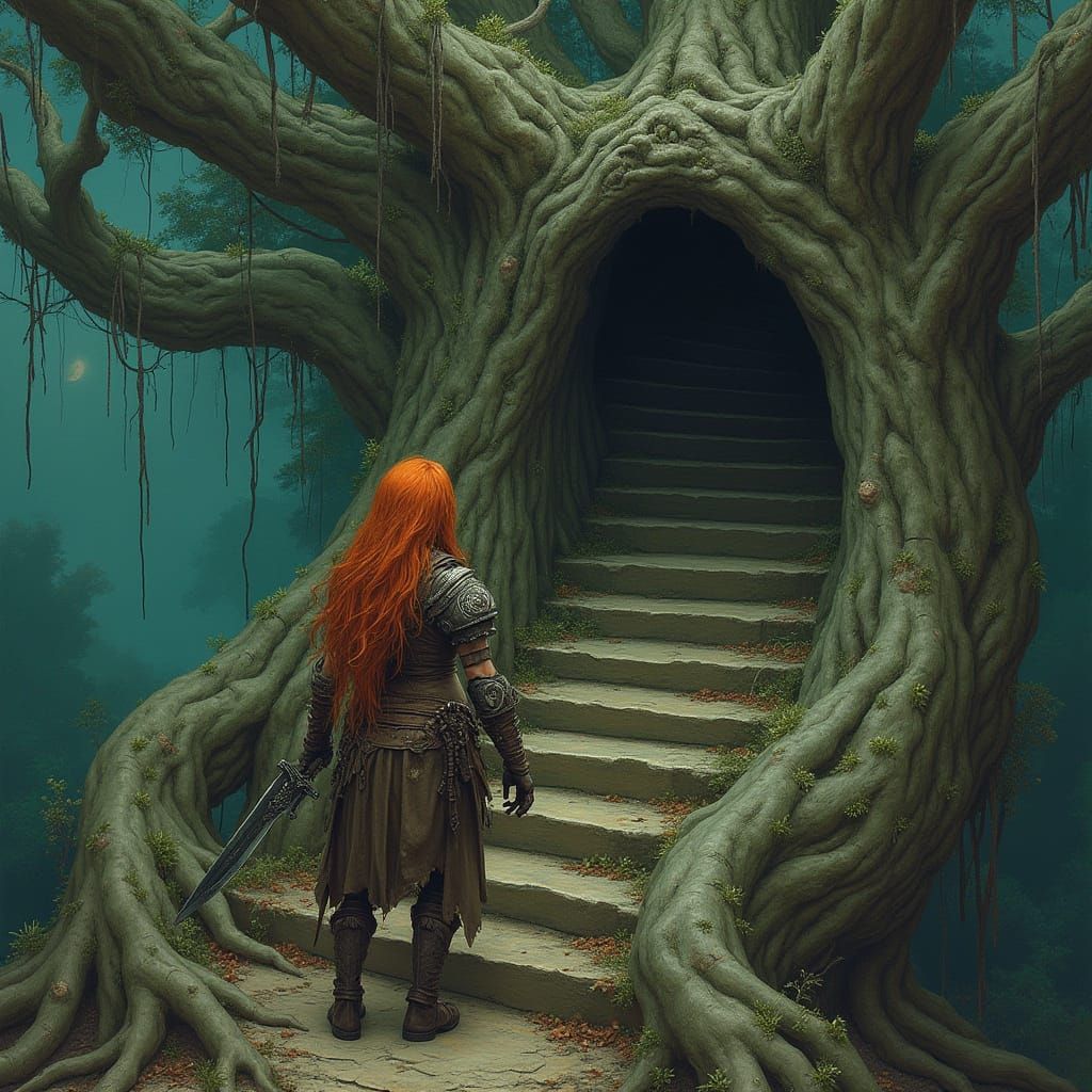 Sorceress Descends Ancient Tree in Dark Fantasy Style