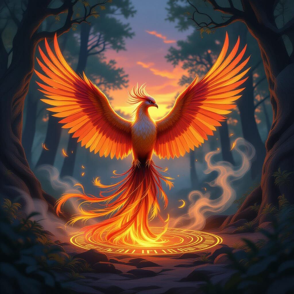 Majestic Phoenix Erupts from Glowing Runes in Mystical Fores...