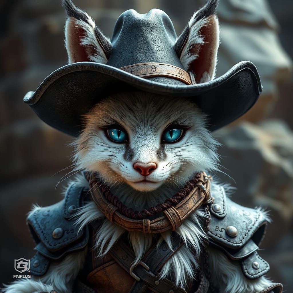 Mischief-Loving Tabaxi in Weathered Armor and Cowboy Hat