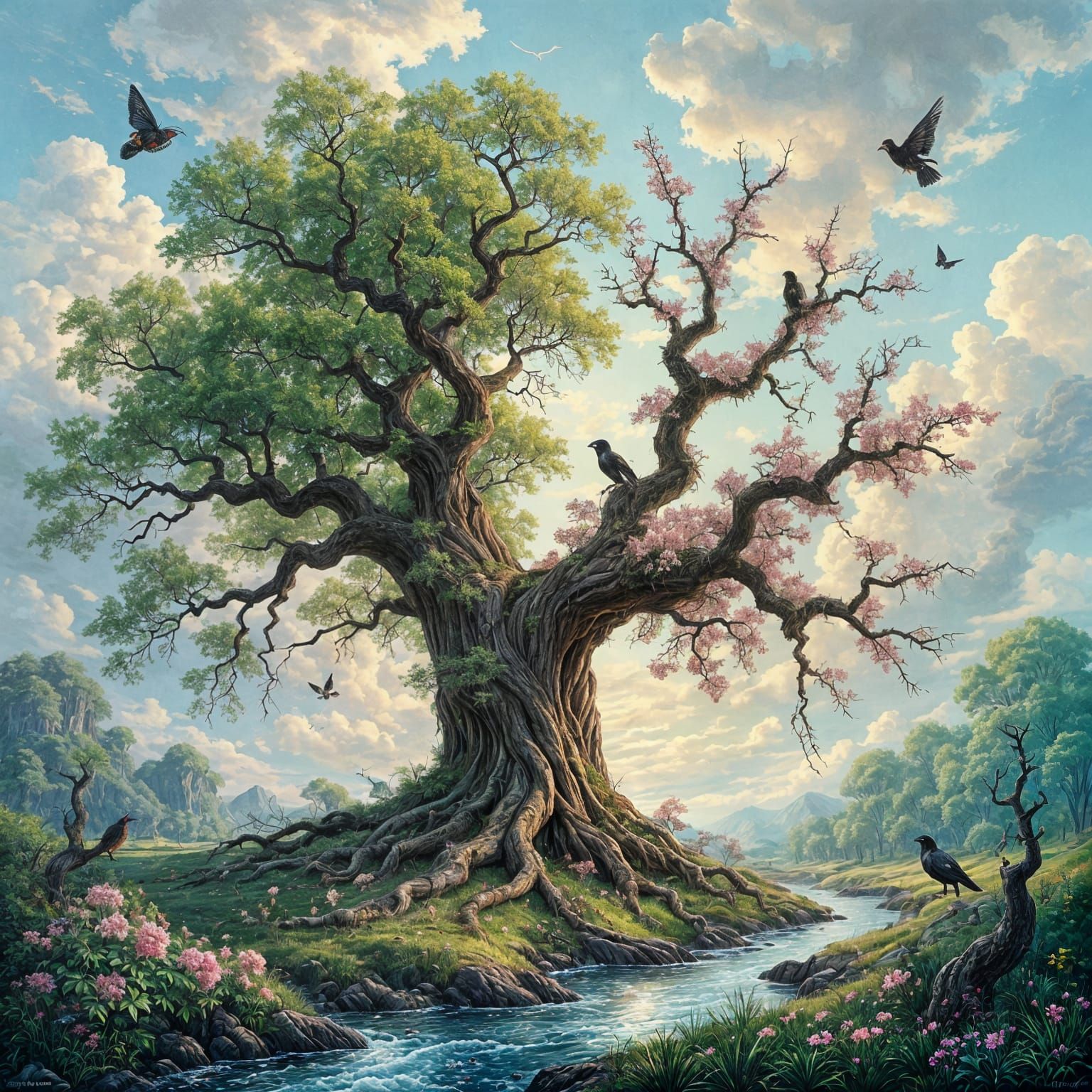 Lush and Barren Tree in Gouache Watercolor Style