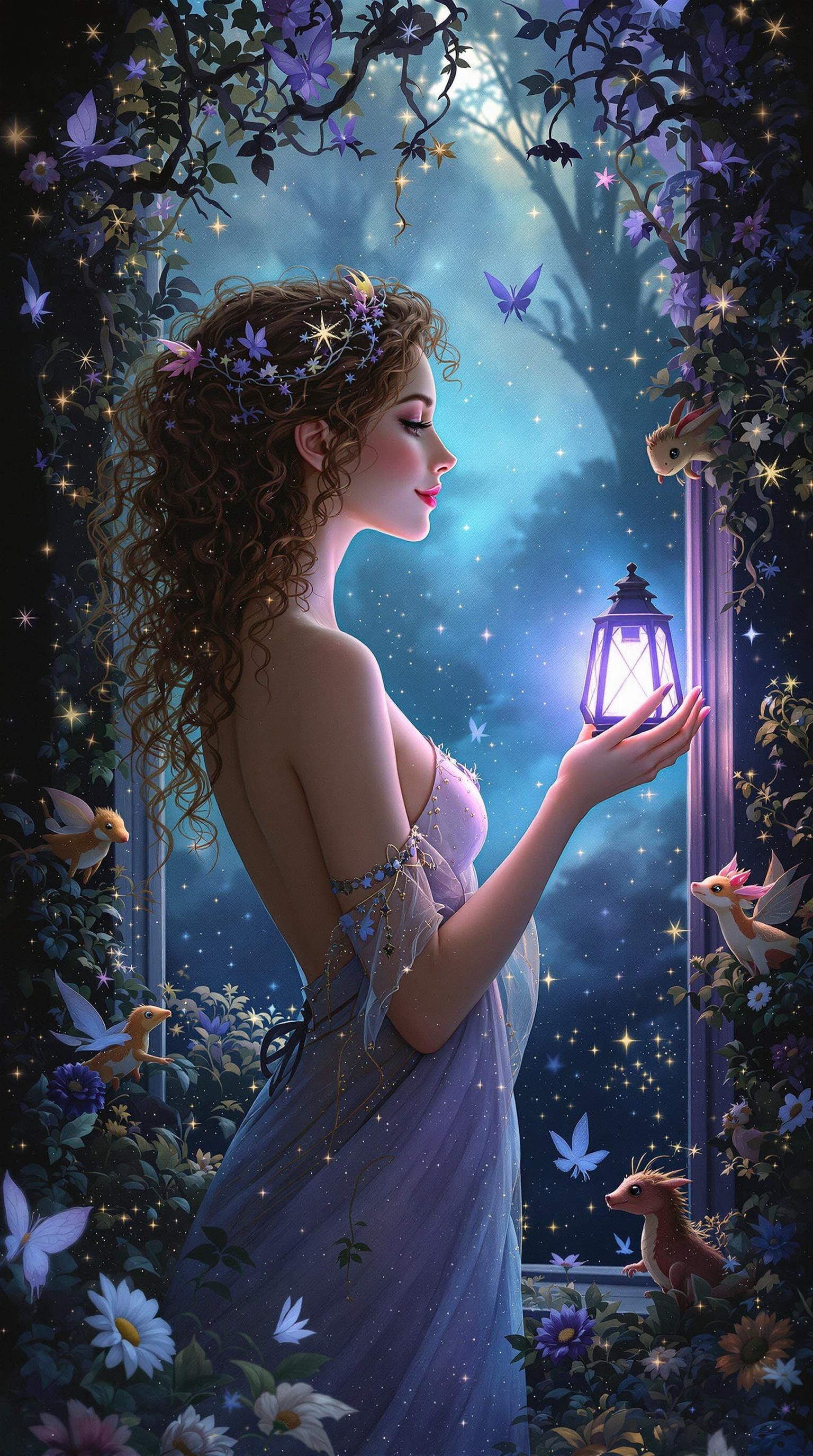 Whimsical Mystical Woman in Glittering Dreamscapes