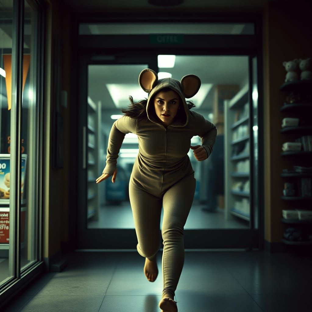Fearful Woman Fleeing Store in High-Contrast Cinematic Style