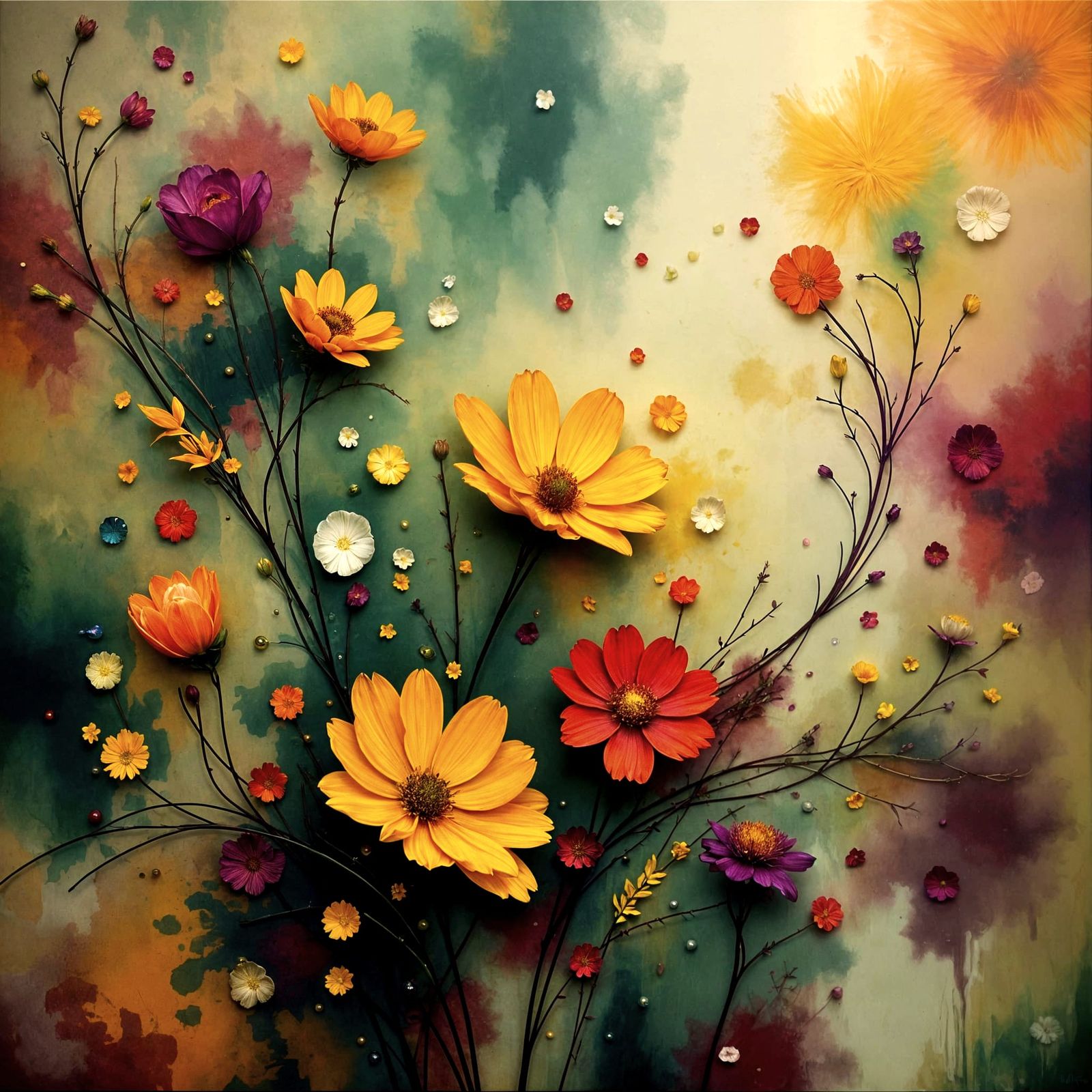 Jewel-Toned Flowers Emerge from Misty Abstract Background