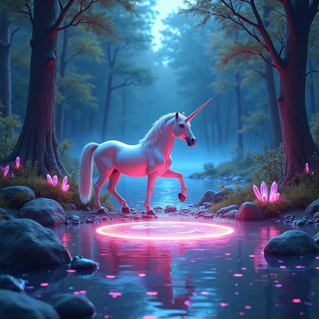 White unicorn with black imane,neon sieve and horn discovers a shimmering rainbow oil pool in a colourless forest in a b...