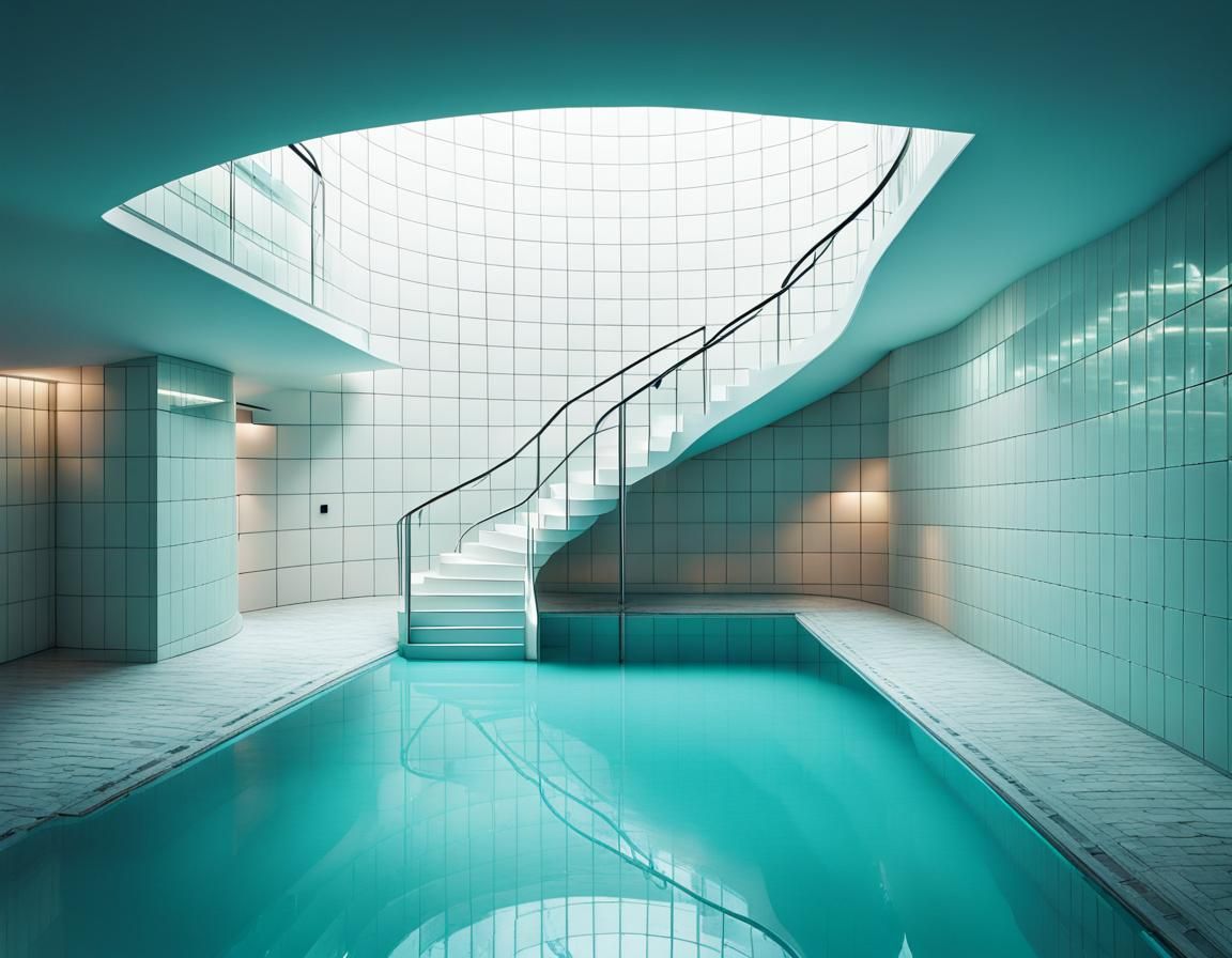Liminal Space with Pools and Spiral Stairway