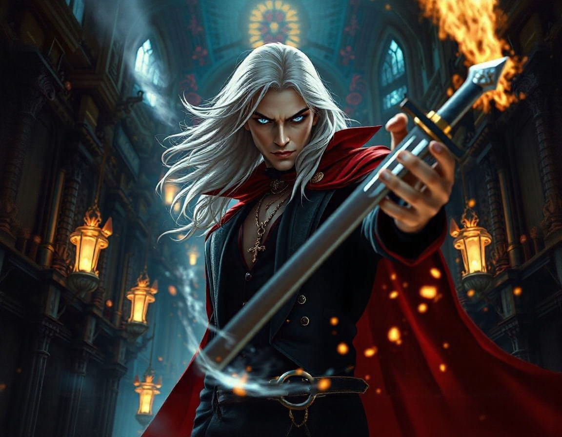 show full body Alucard vampire  flying white hair glowing bl...