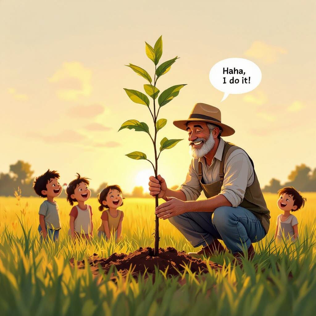 Farmer Plants Sapling While Children Watch at Dawn