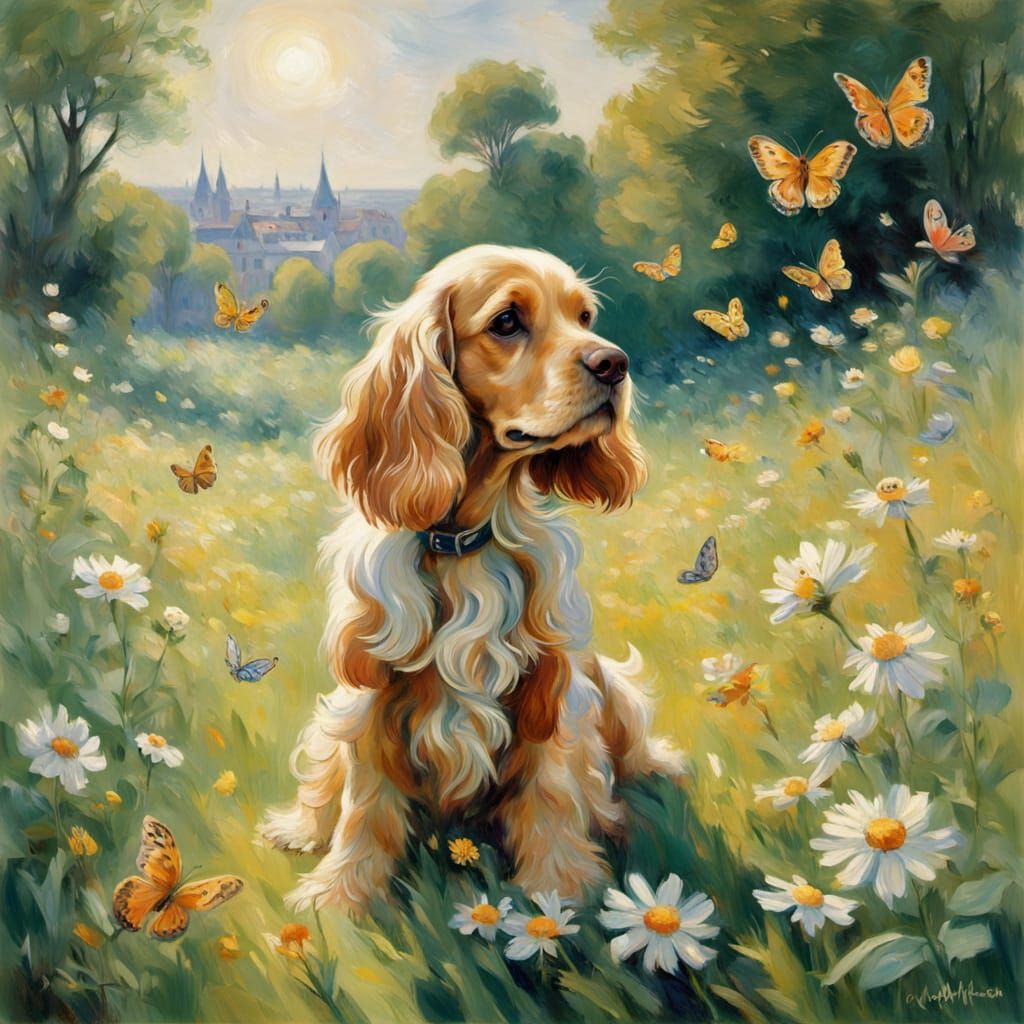 Golden Cocker Spaniel in Whimsical Impressionist Meadow