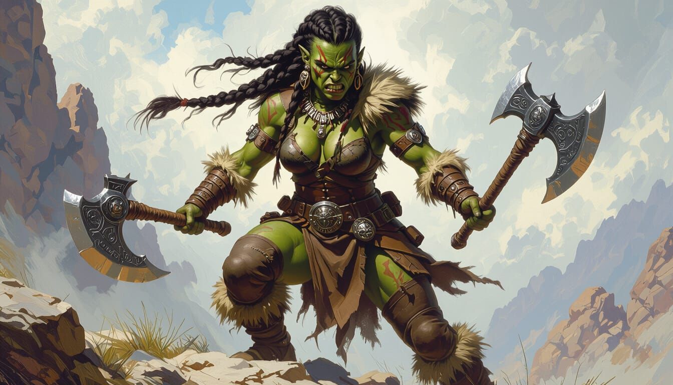 Half-Orc Barbarian Warrior on Ridge with Twin Axes