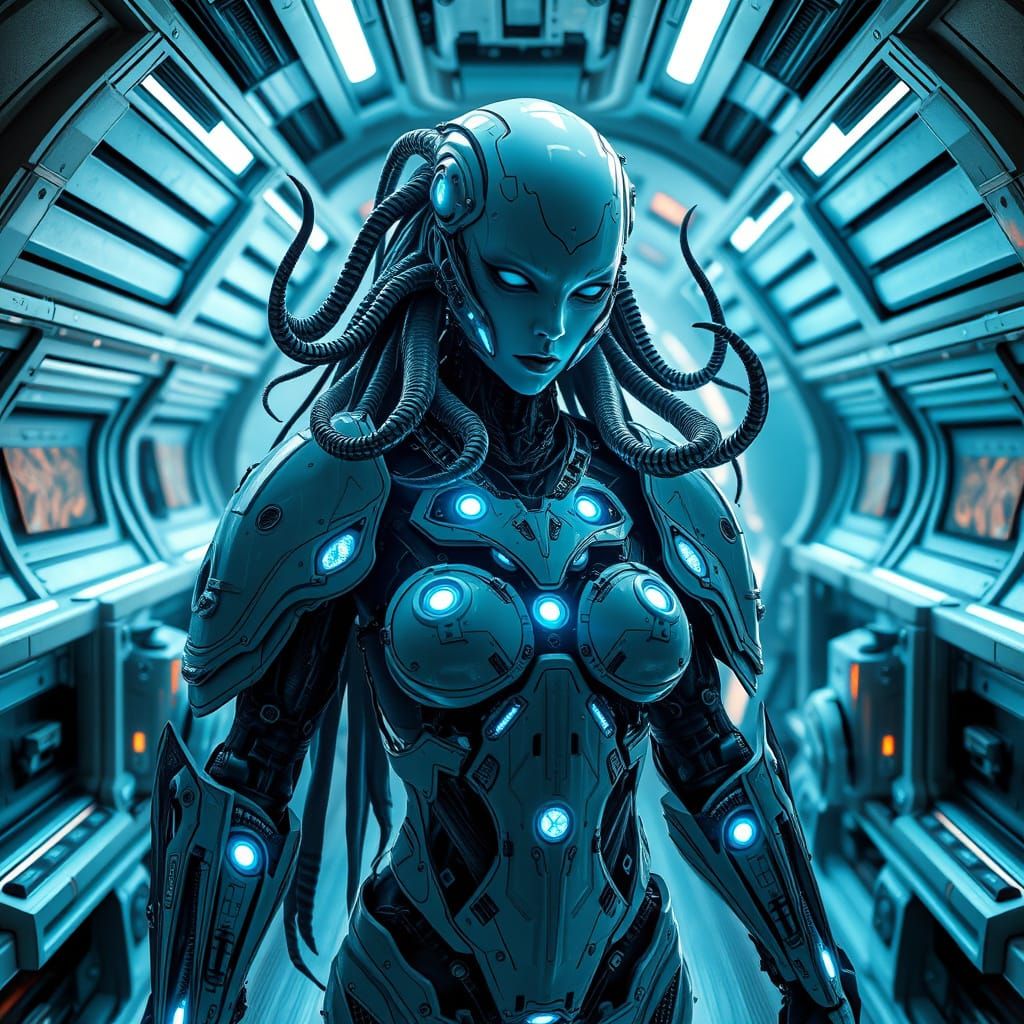 Gothic Sci-Fi Cyborg Female Guard in Futuristic Space Ship
