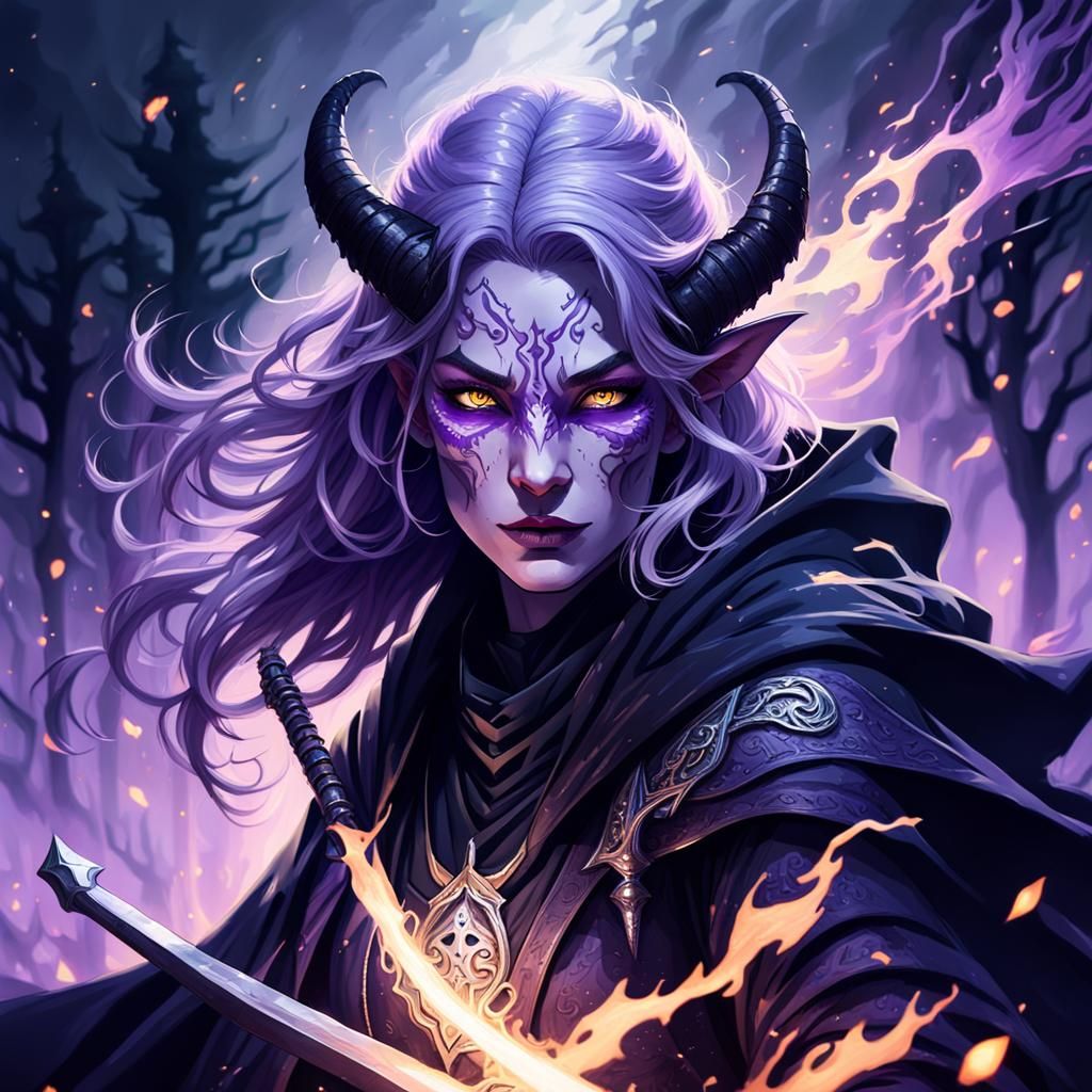 Ethereal Tiefling Warrior in a Dark Fantasy Portrait