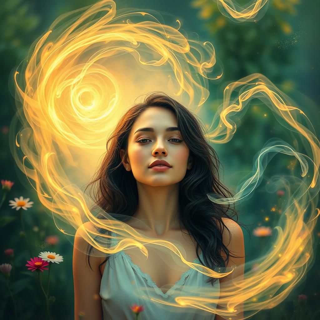 Radiant Woman Emanating Positive Energy in Dreamlike Art