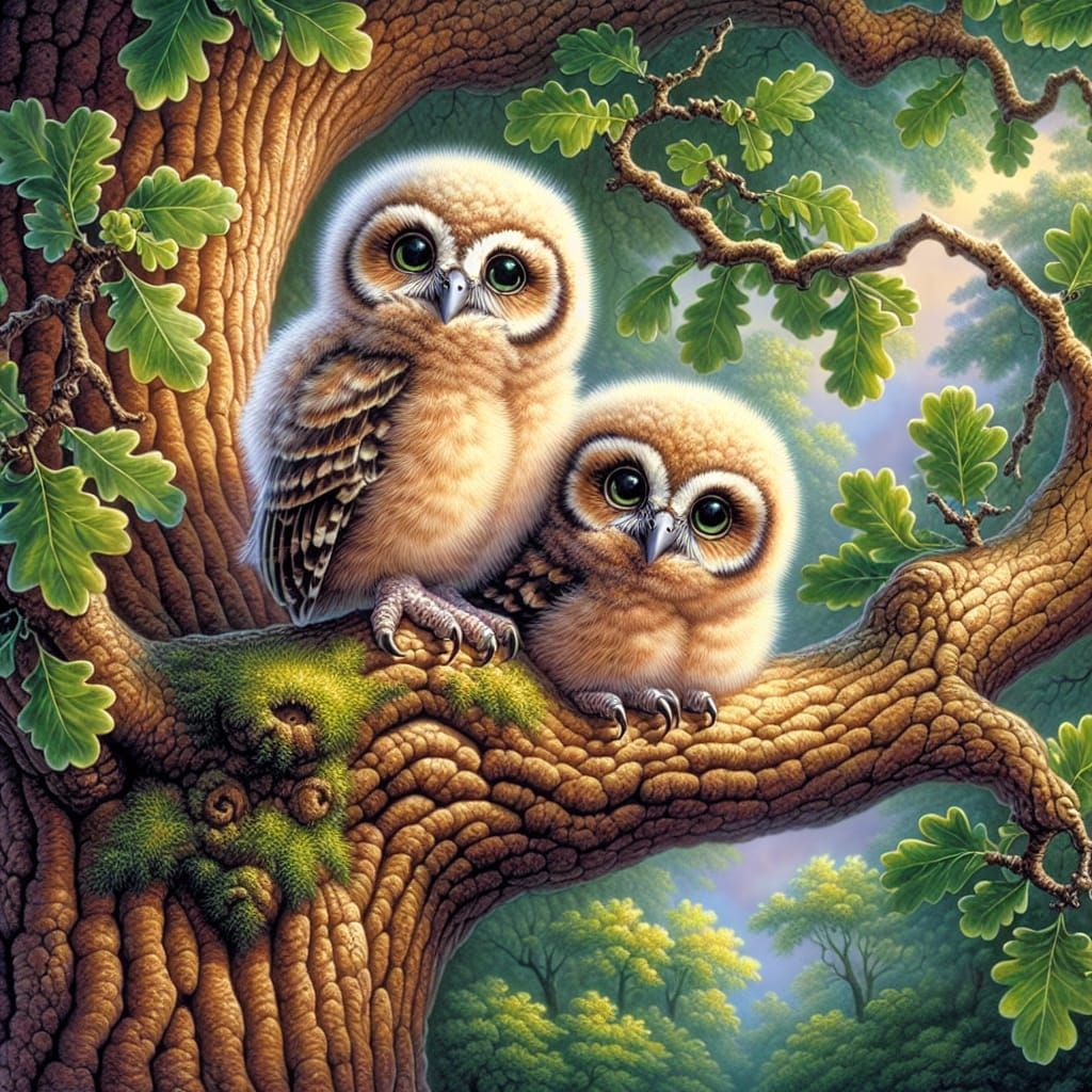 Two Cute Baby Owls on Oak Tree Branch