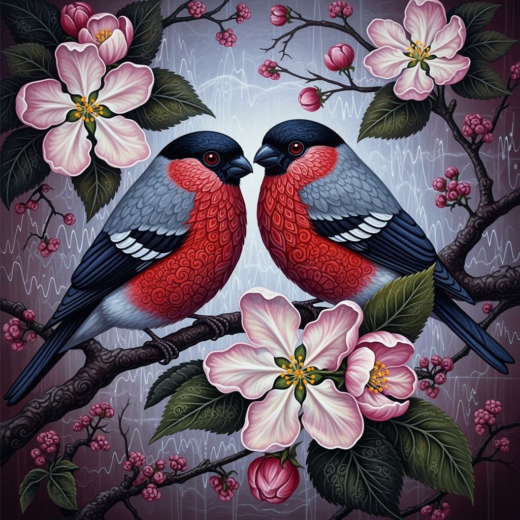 Bullfinches in Blossoms: Whimsical Oil Painting