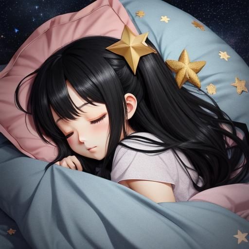 Chibi Anime Girl Sleeping Under Starry Night