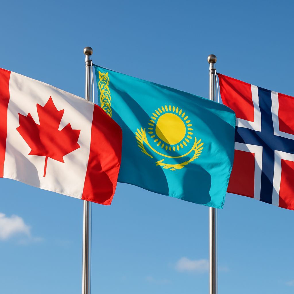 Canadian, Kazakh, and Norwegian Flags Waving in Sunlit Photo