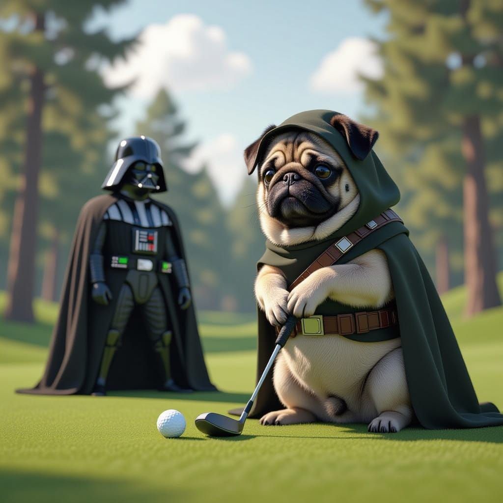 Pug Golfing with Darth Vader in Fantasy Concept Art Style