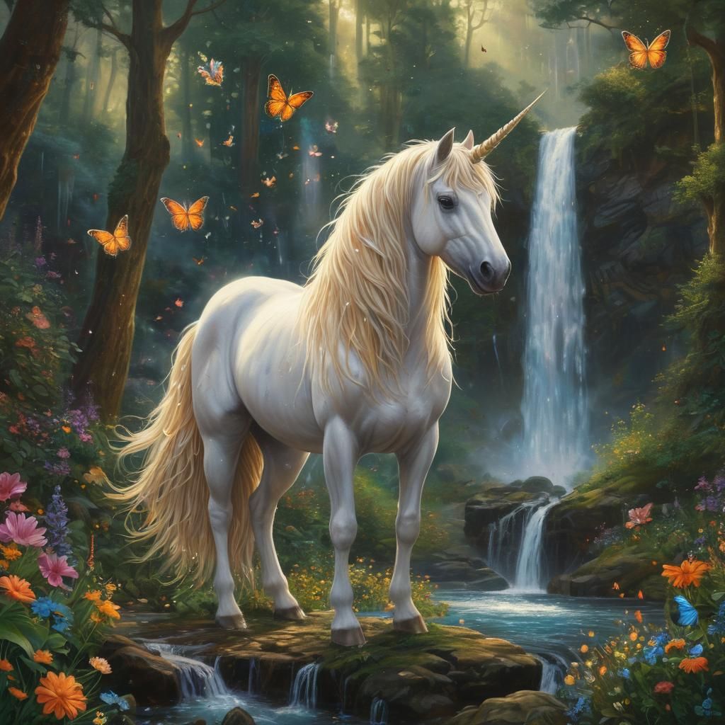 Magical Unicorn in Sparkling Forest, Oil Painting