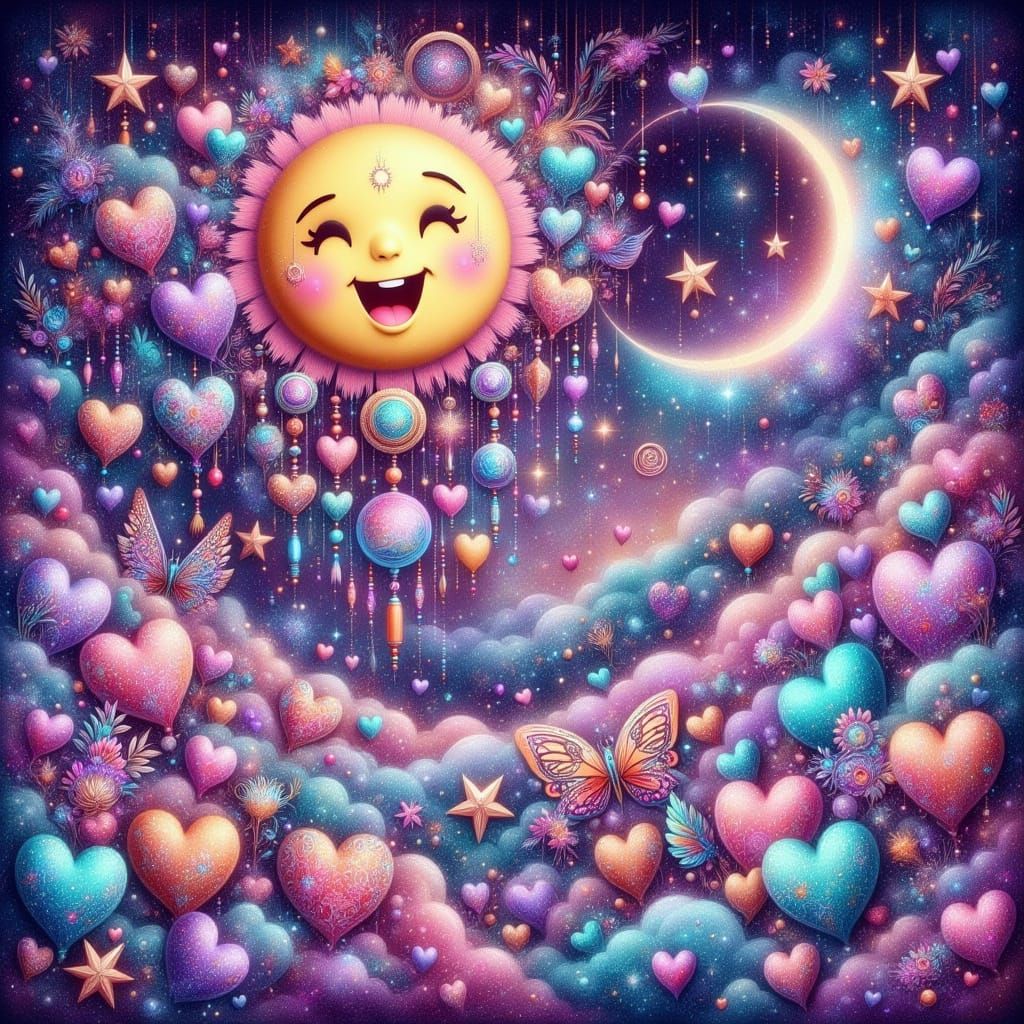 Whimsical Pastel Dreamscapes with Smiling Sun and Glowing Mo...