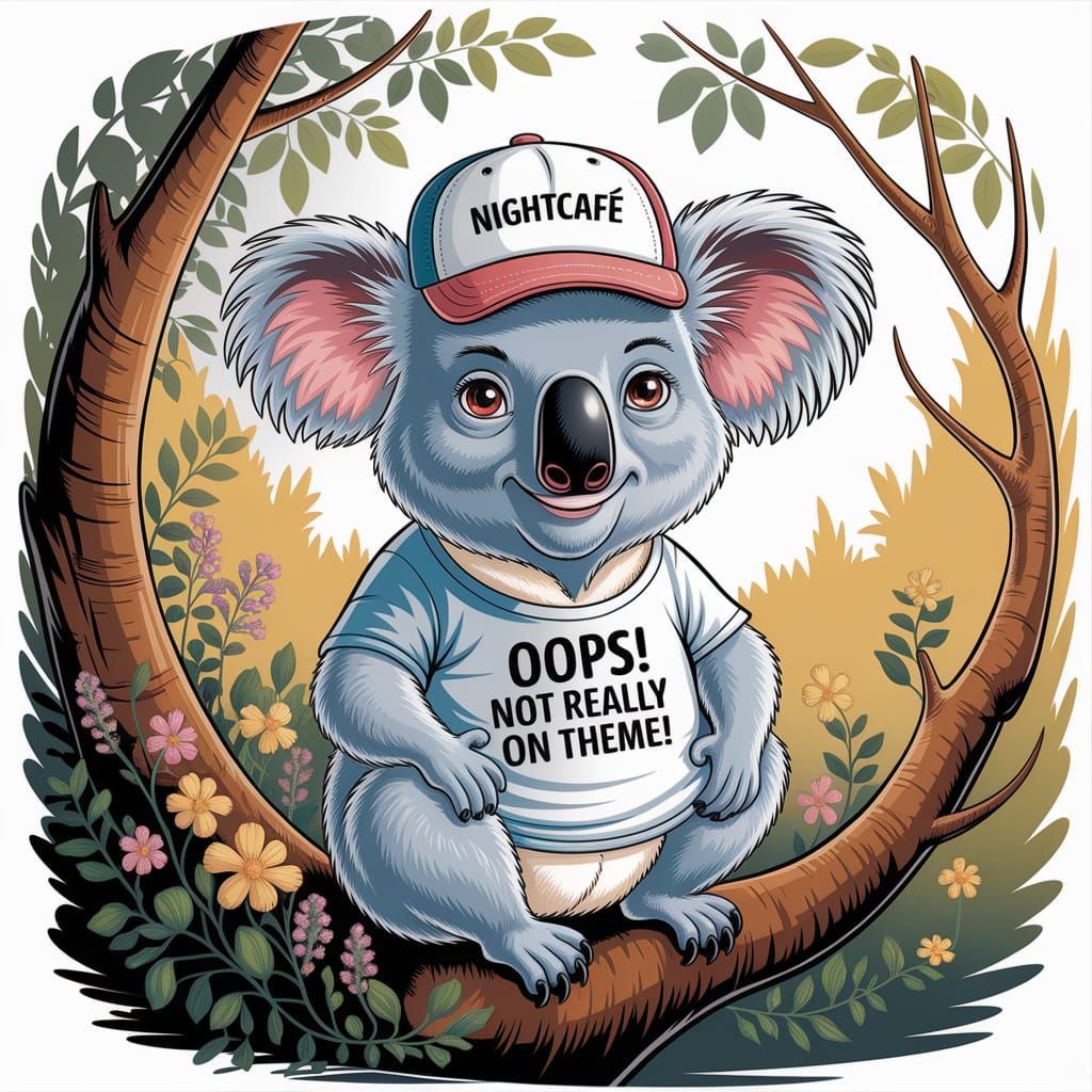 Koala Caricature with Nightcafe Cap in Dreamy Style