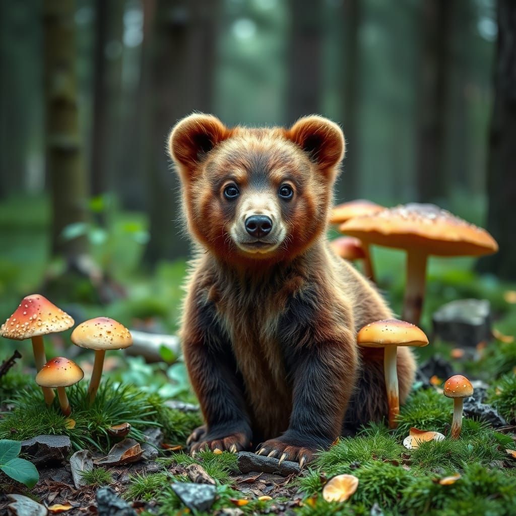 Baby in Bear Costume with Giant Mushrooms