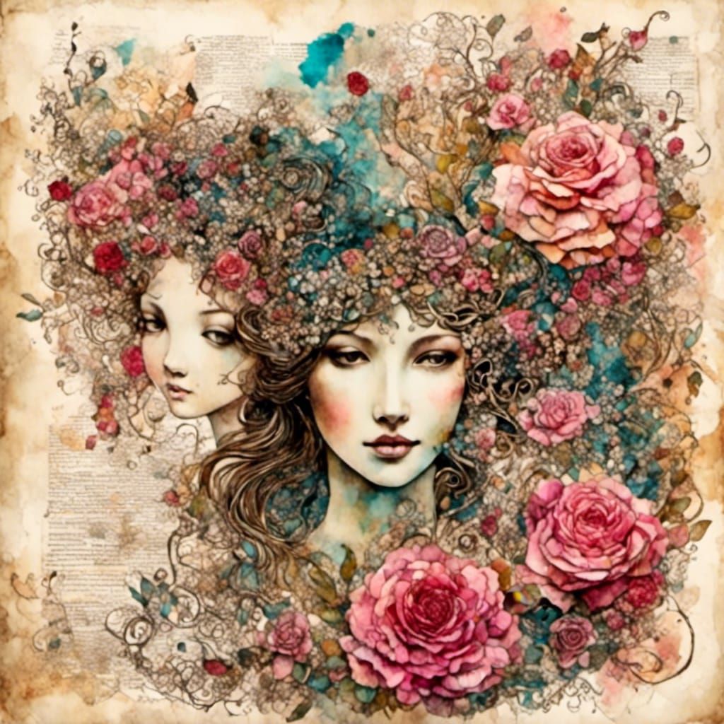 Scrapbook Page with Couple in Watercolor and Ink