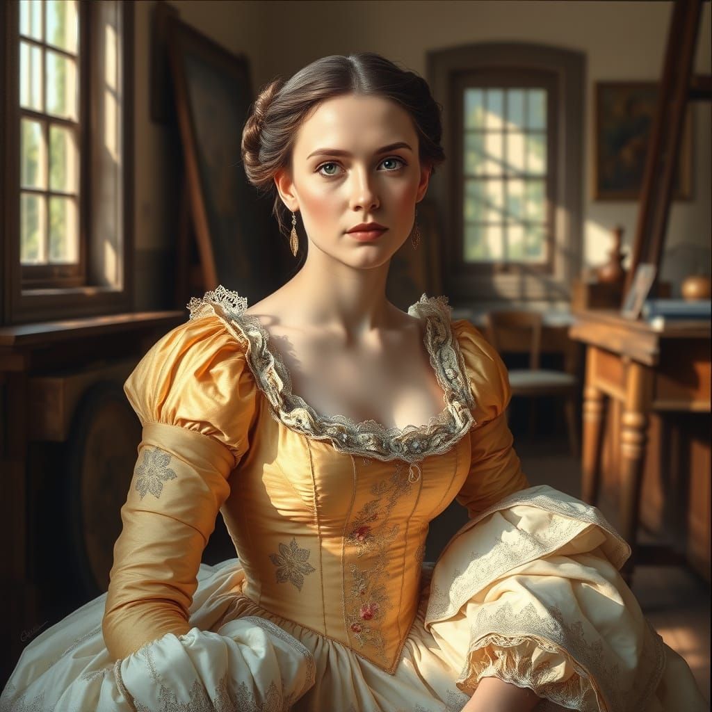 Renaissance Noblewoman in Sunlit Atelier