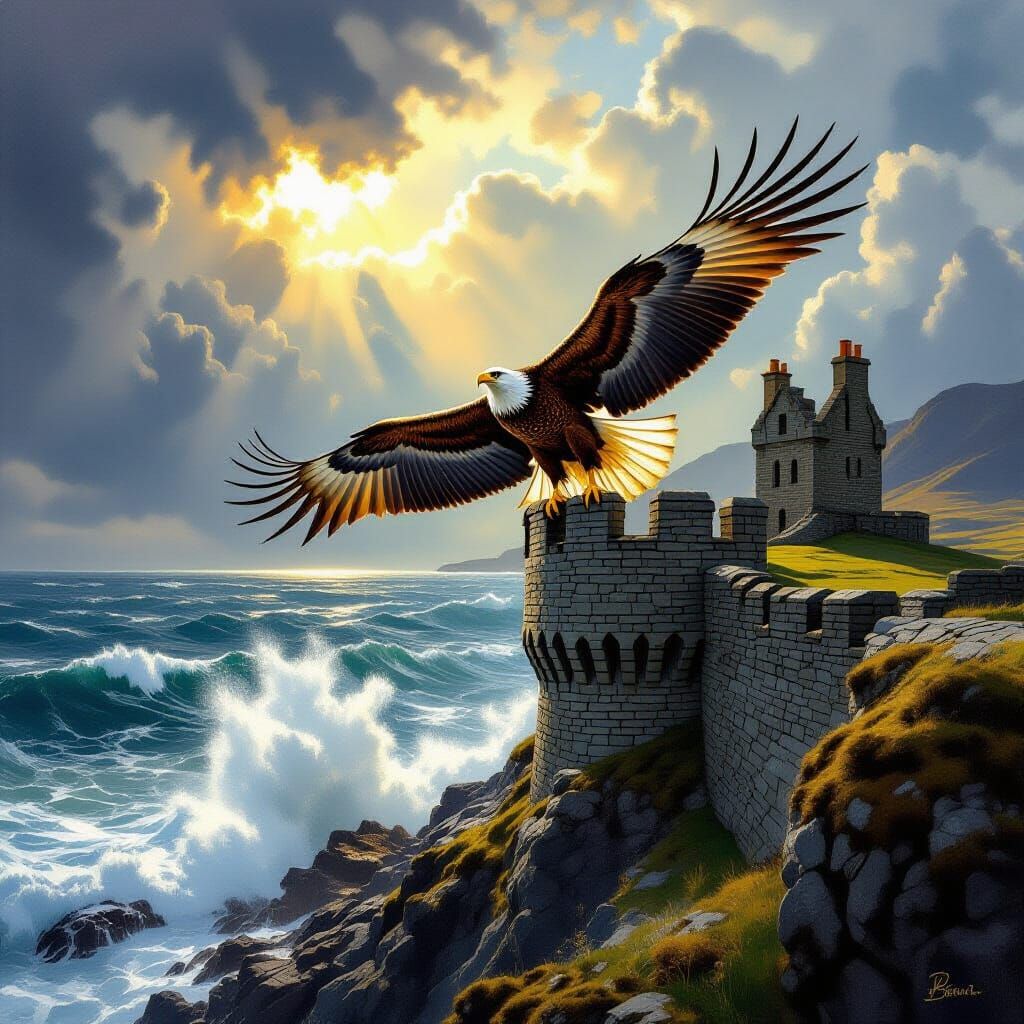 Golden Eagle Lands on Duntulm Castle Overlooking Skye's Minc...