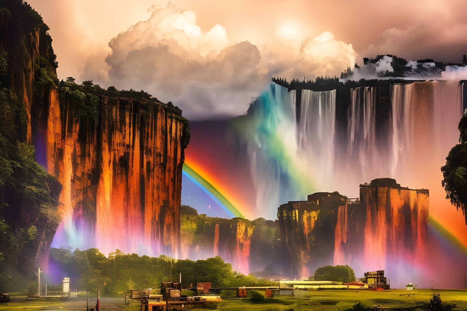 Rainbow Storm Over Cyberpunk City Ruins