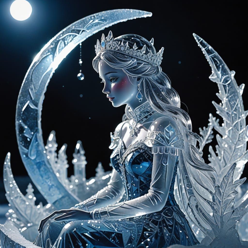 Ethereal Ice Princess on a Delicate Crescent Moon