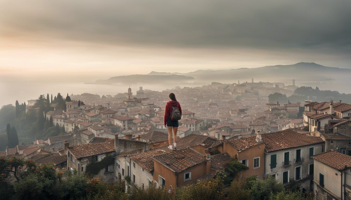 Foggy Coastal Town View with Student, Digital Matte Painting