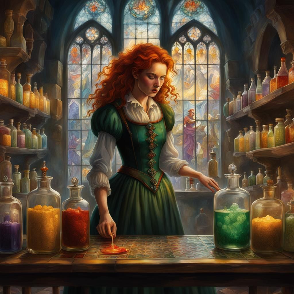 Red-Haired Alchemist in Gothic Apothecary