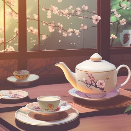 Ornate Japanese Tea Set in Anime Style
