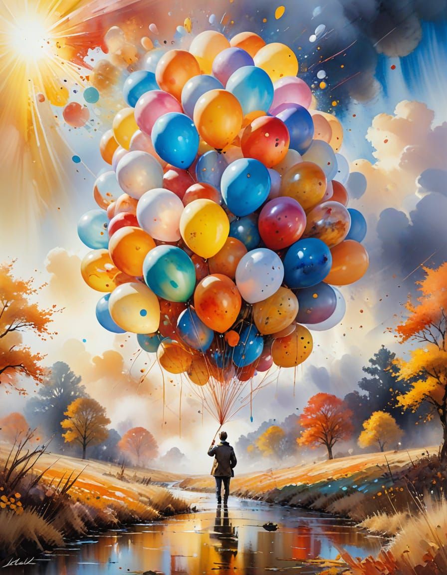 Autumn Landscape with Balloons in Watercolor Style