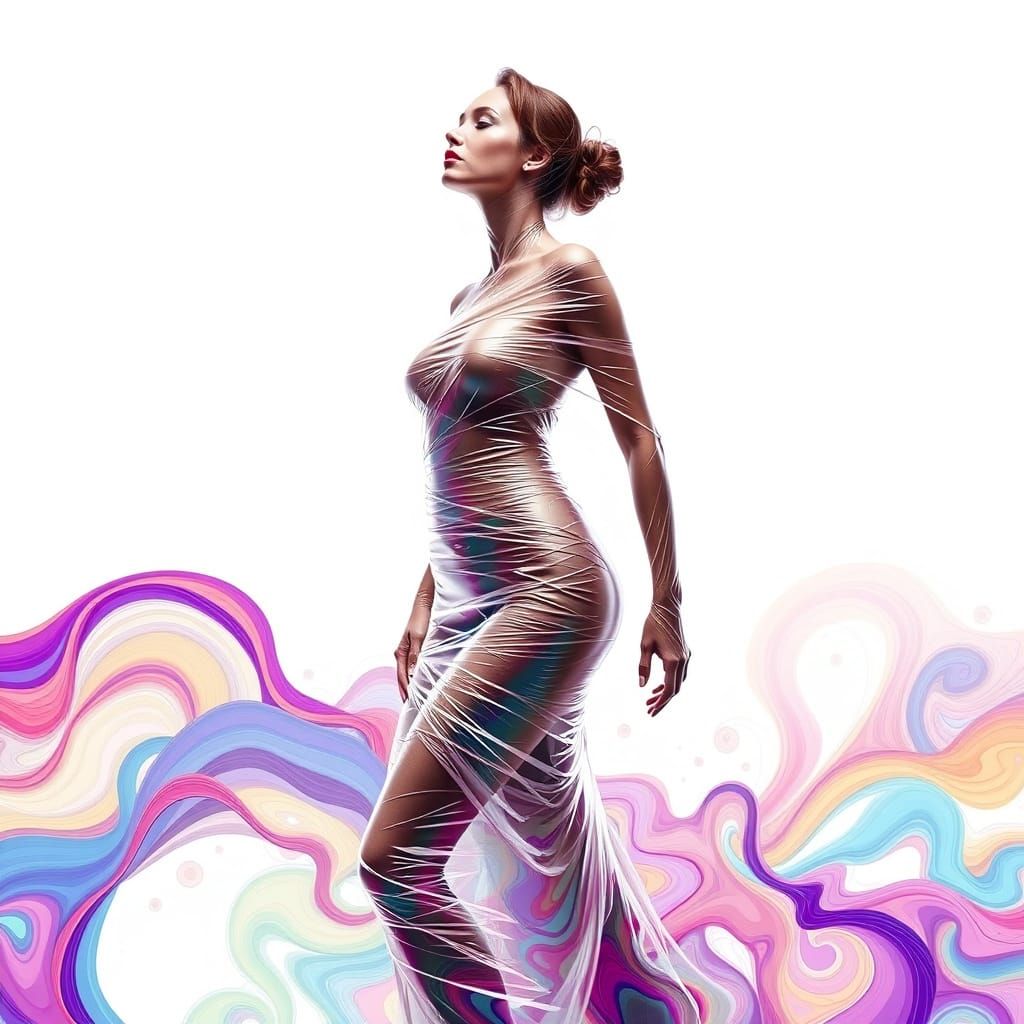 Woman in Vibrant Plastic Wrap Dress, Full Body, Abstract Fra...