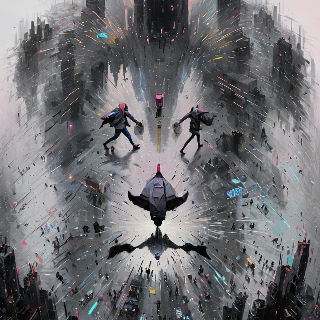 Futuristic Cityscape: Vibrant Oil Painting with Neon Lights