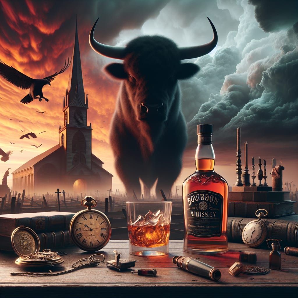 Bourbon Whiskey and Black Bull in Dramatic 3D Render