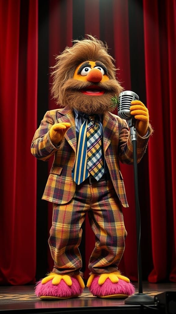 Charismatic Muppet Crooner in Plaid Suit and Bunny Slippers