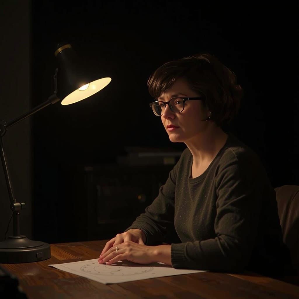 Woman Studies Star Chart in Dimly Lit Study