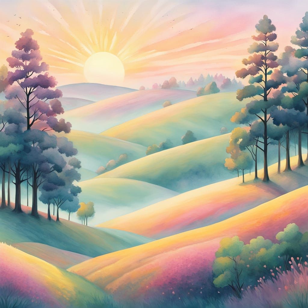 Whimsical Sunrise Landscape in Naive Art Style
