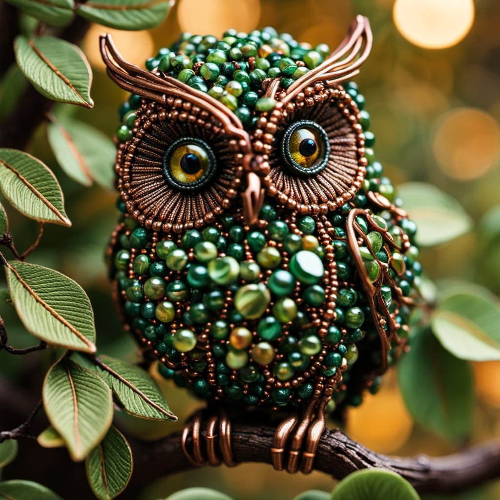 Macro Beaded Tree with Owl in Bead Art Style
